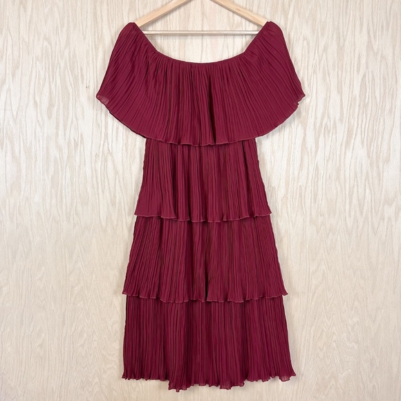 Entro Gala Pleated Off The Shoulder Ruffle Midi Dress Wine Red - Picture 2 of 9